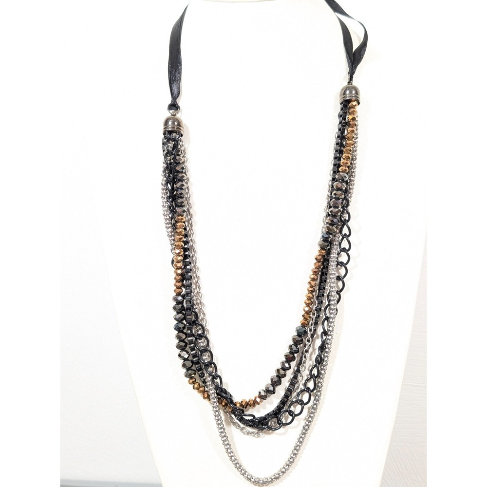 Black Bronze Glass Bead Multi Chain Ribbon Necklace 28 in Gothic Glam